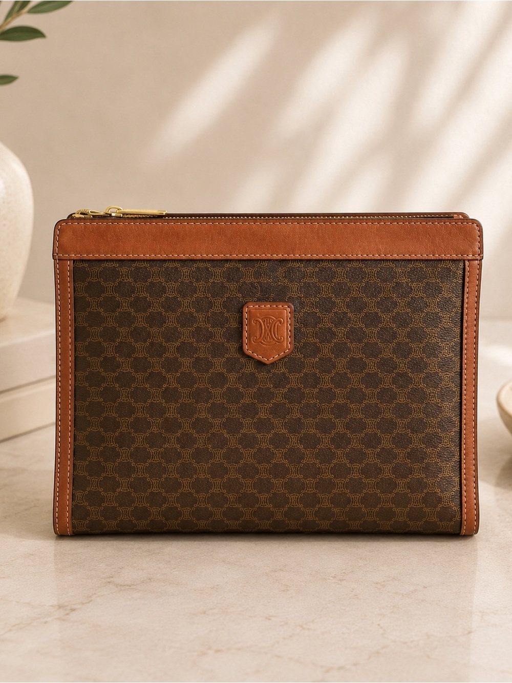 Celine Macadam Monogram Brown Canvas Leather Zip Clutch Pouch Vintage
